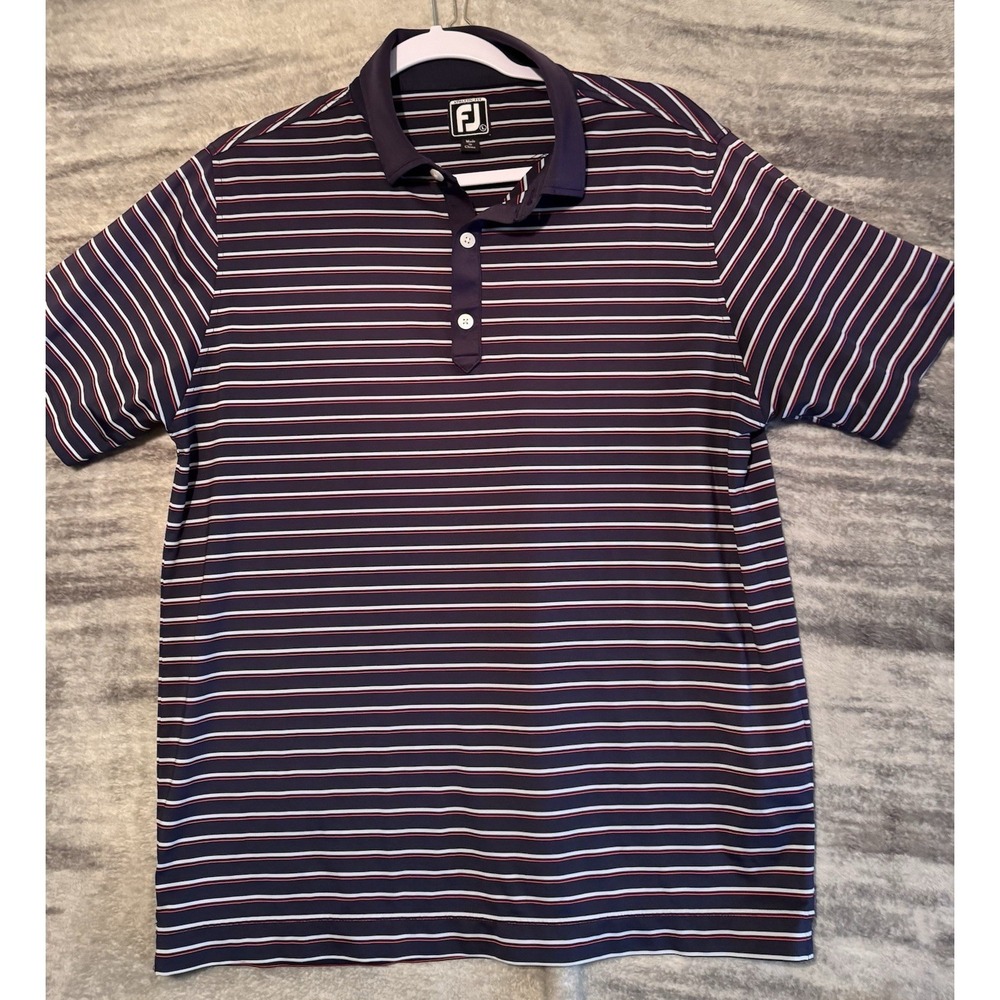 FootJoy FJ‎ Polo Shirt Size Large L Navy Blue Gray Red Striped Mens